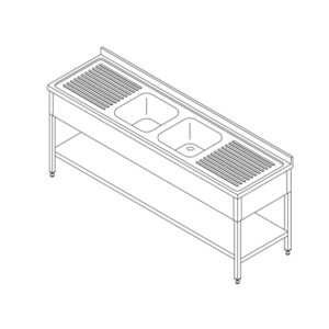 Maxima Gastro Spültisch - 190 x 70 cm - mit 2 Waschbecken und Backsplash - inkl. Lagerregal