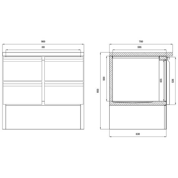 Vaiotec Kühltisch Mini / 2-fach - mit 4 Schubladen, 900 x 700 mm