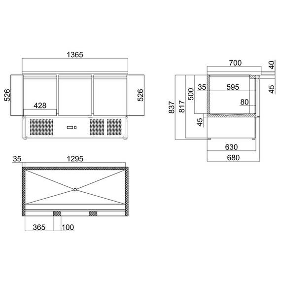 Vaiotec Kühltisch Mini / 3-fach - mit 3 Türen, 1365 x 700 mm