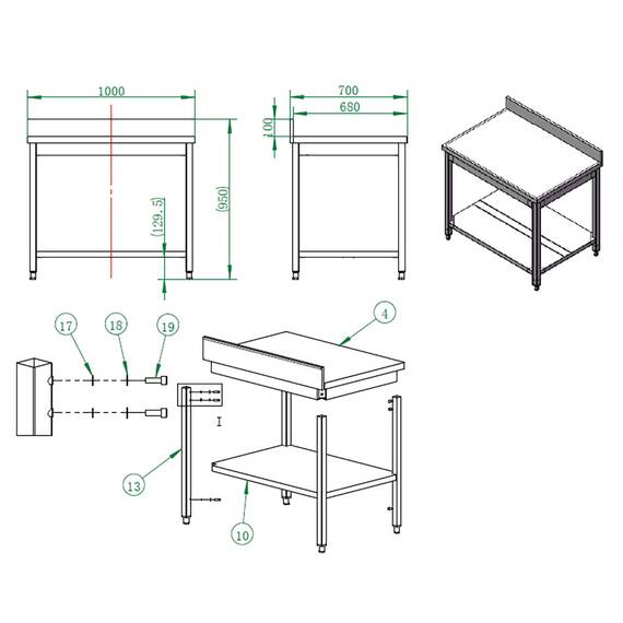 Vaiotec Arbeitstisch / mit Grundboden & Aufkantung, 1000 x 700 mm
