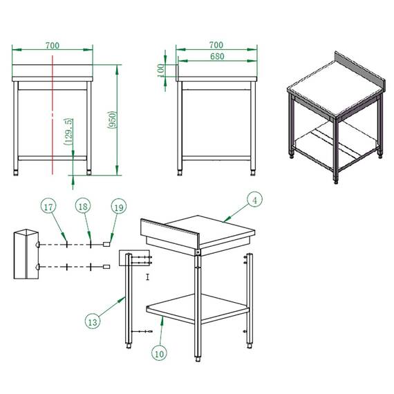 Vaiotec Arbeitstisch / mit Grundboden & Aufkantung, 700 x 700 mm