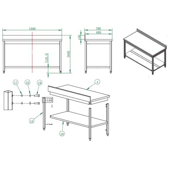 Vaiotec Arbeitstisch / mit Grundboden & Aufkantung, 1500 x 700 mm