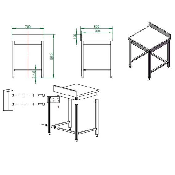 Vaiotec Arbeitstisch / unterfahrbar mit Aufkantung, 700 x 600 mm
