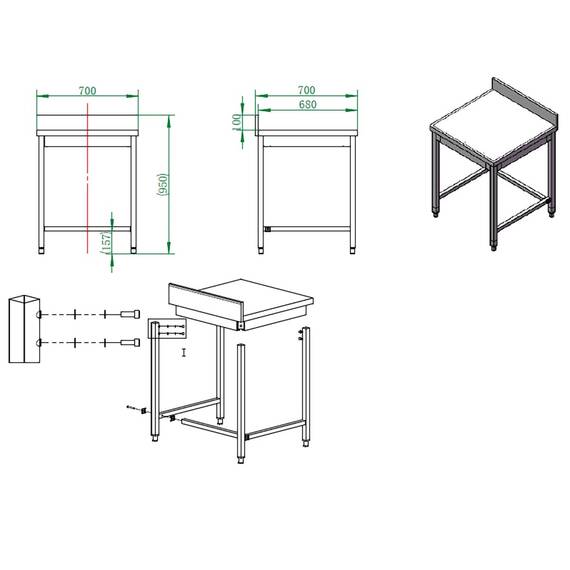 Vaiotec Arbeitstisch / unterfahrbar mit Aufkantung, 700 x 700 mm