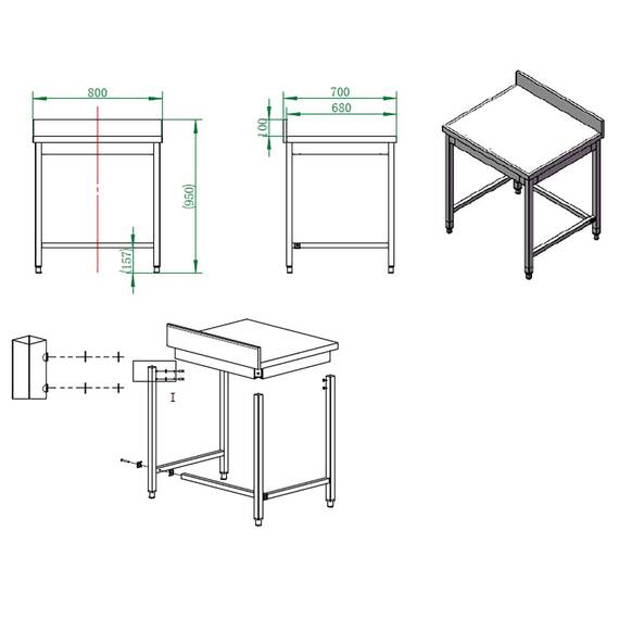 Vaiotec Arbeitstisch / unterfahrbar mit Aufkantung, 800 x 700 mm
