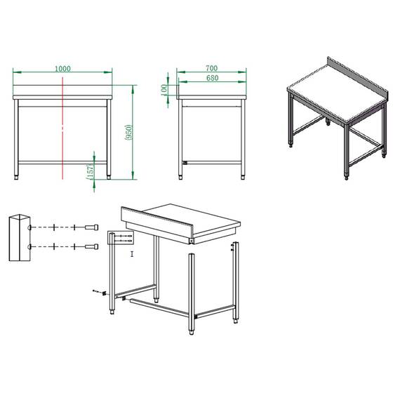 Vaiotec Arbeitstisch / unterfahrbar mit Aufkantung, 1000 x 700 mm