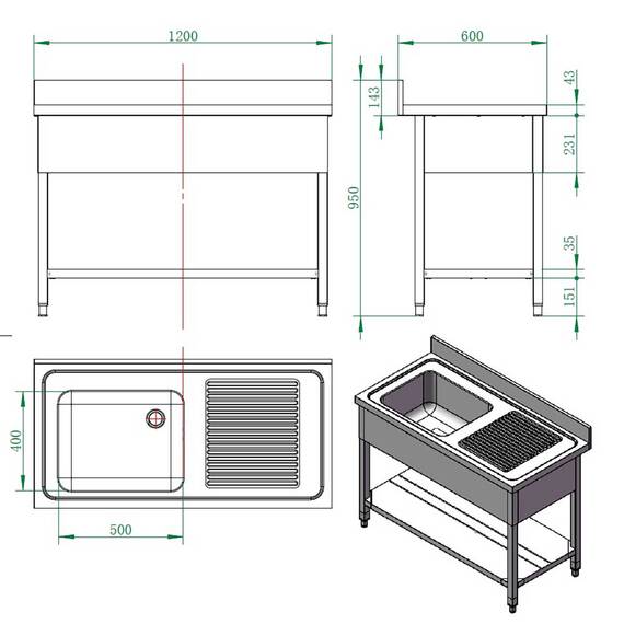 Vaiotec Spültisch / 1 Becken links und Abtropffläche, 1200 x 600 mm