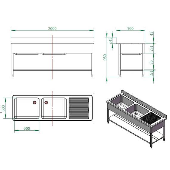 Vaiotec Spültisch / 2 Becken links und Abtropffläche, 2000 x 700 mm
