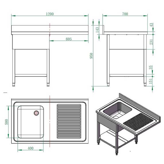 Vaiotec Spülcenter / 1 Becken links, 1200 x 700 mm