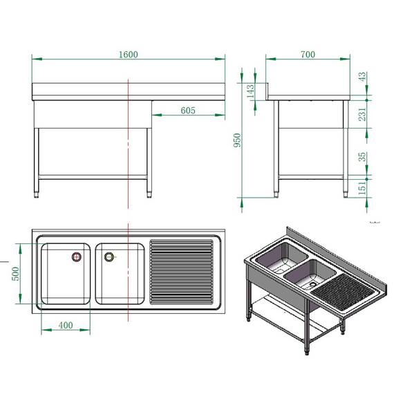 Vaiotec Spülcenter / 2 Becken links, 1600 x 700 mm