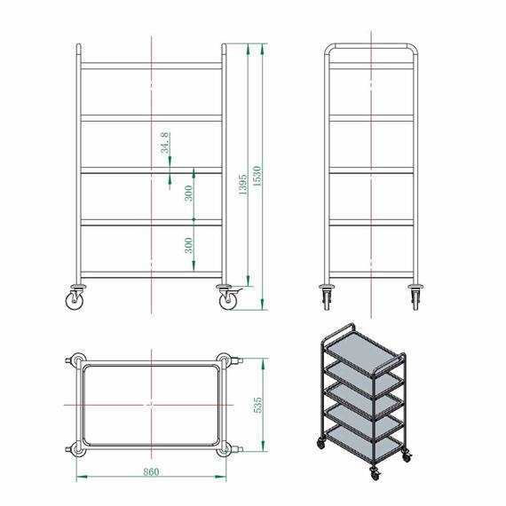 Vaiotec Servierwagen Edelstahl / 5 Böden, 860 x 540 mm