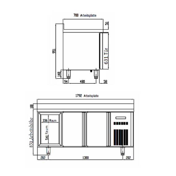 Vaiotec Topline Kühltisch / 3-fach GN1/1 mit 3 Türen & Aufkantung, 1795 x 700 mm