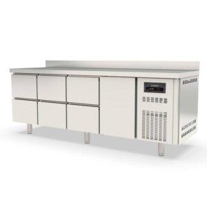 Vaiotec Topline Kühltisch / 4-fach GN1/1 mit 6 Schubladen / 1 Tür & Aufkantung, 2245 x 700 mm