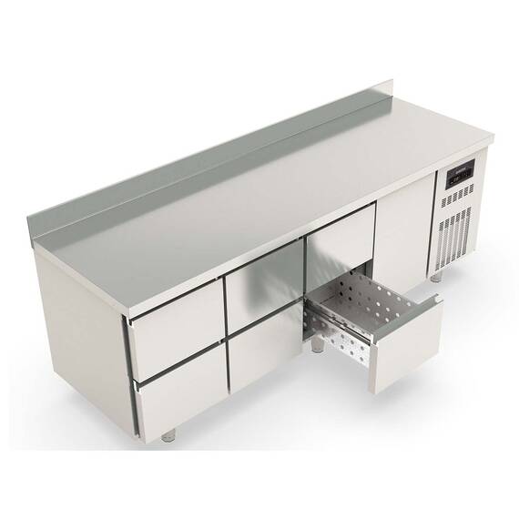 Vaiotec Topline Kühltisch / 4-fach GN1/1 mit 6 Schubladen / 1 Tür & Aufkantung, 2245 x 700 mm