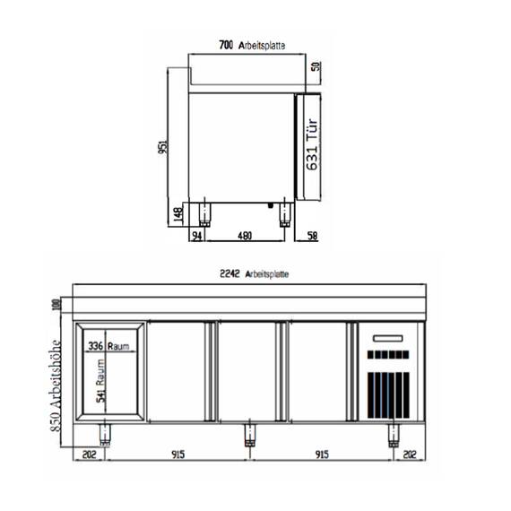 Vaiotec Topline Kühltisch / 4-fach GN1/1 mit 6 Schubladen / 1 Tür & Aufkantung, 2245 x 700 mm