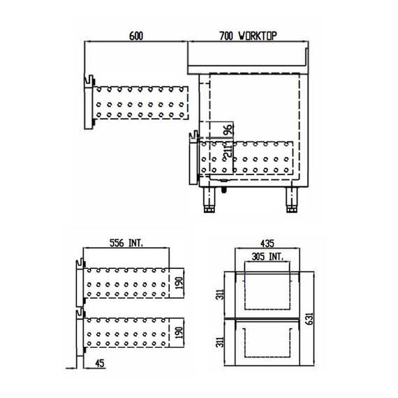 Vaiotec Topline Kühltisch / 4-fach GN1/1 mit 6 Schubladen / 1 Tür & Aufkantung, 2245 x 700 mm