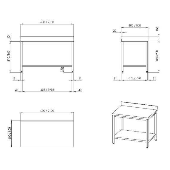 Vaiotec Topline Arbeitstisch / Grundboden & Aufkantung, 2000 x 700 mm