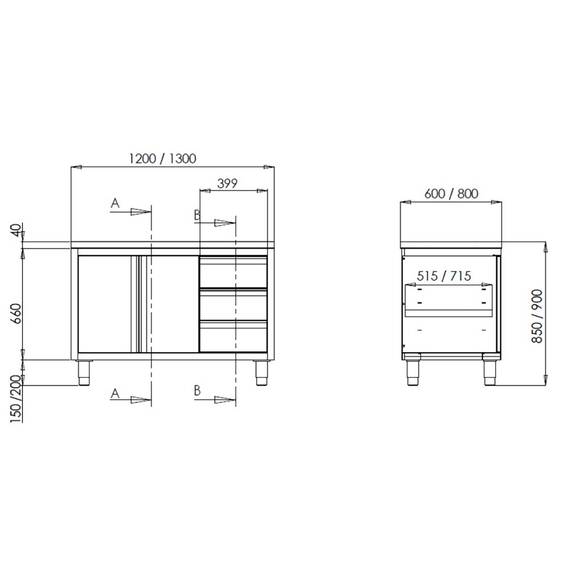 Vaiotec Topline Arbeitsschrank / 2 Schiebetüren & 3 Schubladen rechts, 2000 x 600 mm