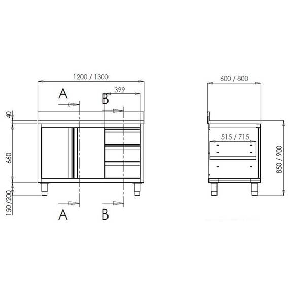 Vaiotec Topline Arbeitsschrank / 2 Flügeltüren, 3 Schubladen rechts & Aufkantung, 1400 x 600 mm