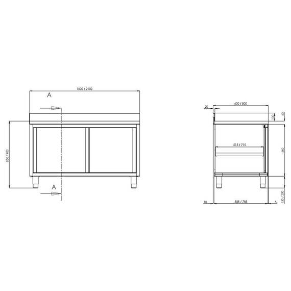 Vaiotec Topline Arbeitsschrank / 2 Schiebetüren & Aufkantung, 2000 x 700 mm