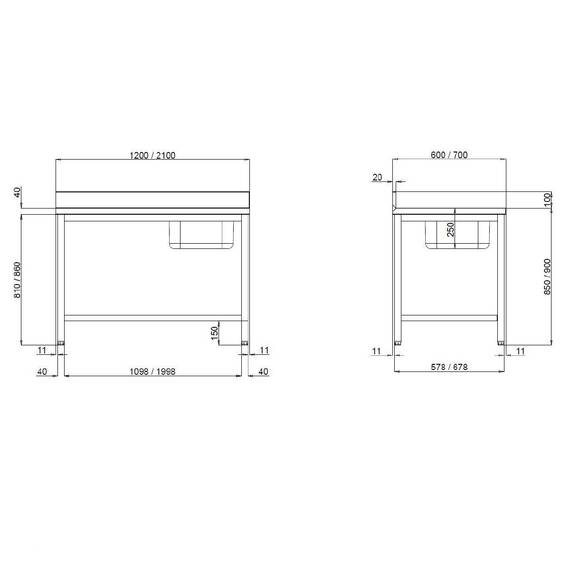 Vaiotec Topline Cheftisch / Becken rechts mit Aufkantung, 1800 x 700 mm