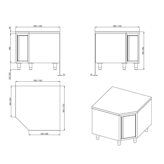 Vaiotec Topline Eckarbeitsschrank / Flügeltür, 1000 x 1000 mm
