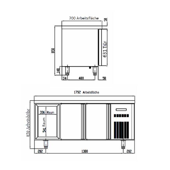 Vaiotec Topline Tiefkühltisch / 3-fach GN1/1 mit 2 Schubladen / 2 Türen, 1795 x 700 mm
