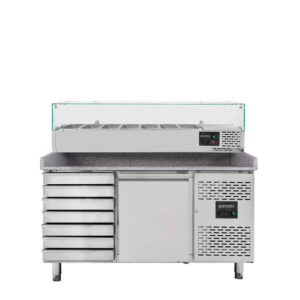 Vaiotec Pizzakühltisch / 1-türig & 7 Schubladen "grau" inkl. Kühlaufsatz GN1/4, 1510 x 800 mm