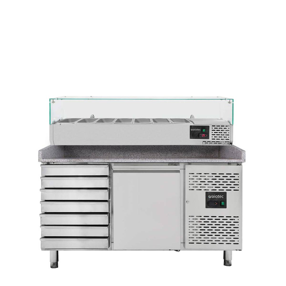 Vaiotec Pizzakühltisch / 1-türig & 7 Schubladen "grau" inkl. Kühlaufsatz GN1/4, 1510 x 800 mm