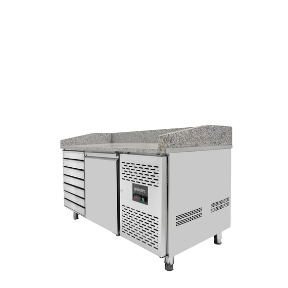 Vaiotec Pizzakühltisch / 1-türig & 7 Schubladen "grau" inkl. Kühlaufsatz GN1/4, 1510 x 800 mm