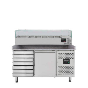 Vaiotec Pizzakühltisch / 1-türig & 7 Schubladen "grau" inkl. Kühlaufsatz GN1/3, 1510 x 800 mm