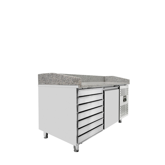 Vaiotec Pizzakühltisch / 1-türig & 7 Schubladen "grau" inkl. Kühlaufsatz GN1/3, 1510 x 800 mm
