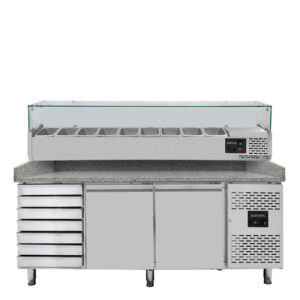 Vaiotec Pizzakühltisch / 2-türig & 7 Schubladen "grau" inkl. Kühlaufsatz GN1/3, 2020 x 800 mm