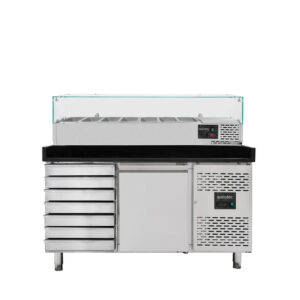 Vaiotec Pizzakühltisch / 1-türig & 7 Schubladen "schwarz" inkl. Kühlaufsatz GN1/4, 1510 x 800 mm