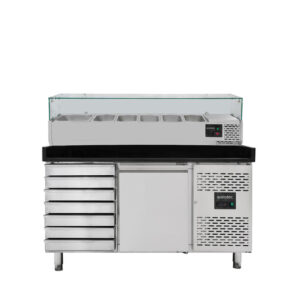 Vaiotec Pizzakühltisch / 1-türig & 7 Schubladen "schwarz" inkl. Kühlaufsatz GN1/3, 1510 x 800 mm