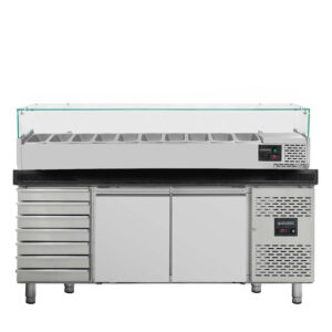 Vaiotec Pizzakühltisch / 2-türig & 7 Schubladen "schwarz" inkl. Kühlaufsatz GN1/4, 2020 x 800 mm