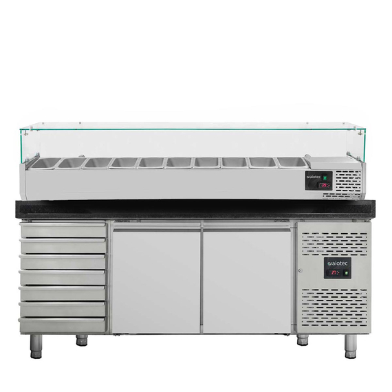 Vaiotec Pizzakühltisch / 2-türig & 7 Schubladen "schwarz" inkl. Kühlaufsatz GN1/4, 2020 x 800 mm