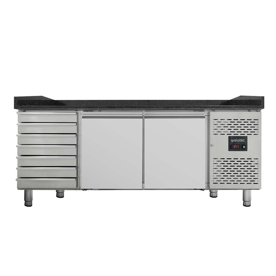 Vaiotec Pizzakühltisch / 2-türig & 7 Schubladen "schwarz" inkl. Kühlaufsatz GN1/4, 2020 x 800 mm