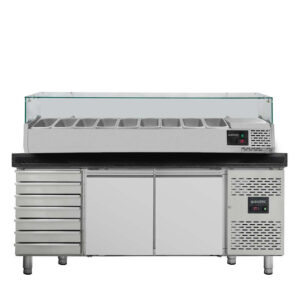 Vaiotec Pizzakühltisch / 2-türig & 7 Schubladen "schwarz" inkl. Kühlaufsatz GN1/3, 2020 x 800 mm
