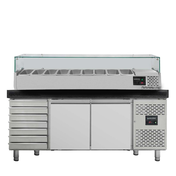 Vaiotec Pizzakühltisch / 2-türig & 7 Schubladen "schwarz" inkl. Kühlaufsatz GN1/3, 2020 x 800 mm