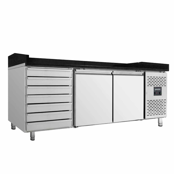 Vaiotec Pizzakühltisch / 2-türig & 7 Schubladen "schwarz" inkl. Kühlaufsatz GN1/3, 2020 x 800 mm