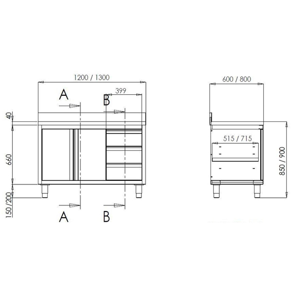 Vaiotec Topline Arbeitsschrank / Flügeltüren, 3 Schubladen links & Aufkantung, 1200 x 600 mm