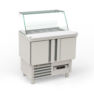 Vaiotec Topline Saladette / 2-fach mit Türen, Glasaufsatz schräg, GN 1/6, 925 x 700 mm