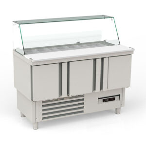 Vaiotec Topline Saladette / 3-fach mit Türen, Glasaufsatz schräg, GN 1/6 & 1/9, 1375 x 700 mm