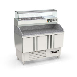 Vaiotec Topline Pizzatisch / 3-fach mit Türen, Granitplatte grau, inkl. Kühlaufsatz, GN 1/4, 1370 x 700 mm