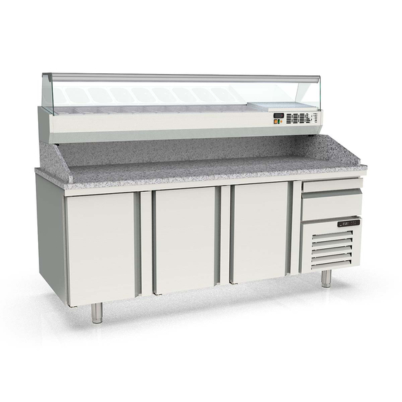 Vaiotec Topline Pizzatisch / 3-fach mit Türen, EN 60x40, Schublade, Granitplatte grau, inkl. Kühlaufsatz, GN 1/4, 2090 x 800 mm