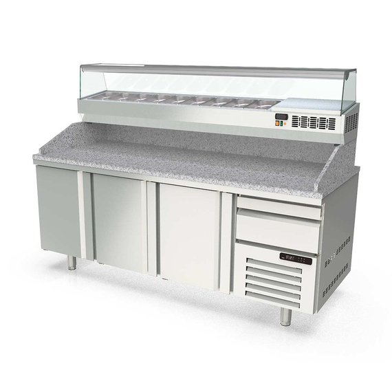 Vaiotec Topline Pizzatisch / 3-fach mit Türen, EN 60x40, Schublade, Granitplatte grau, inkl. Kühlaufsatz, GN 1/4, 2090 x 800 mm