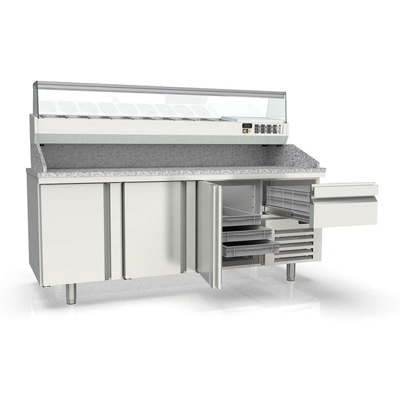 Vaiotec Topline Pizzatisch / 3-fach mit Türen, EN 60x40, Schublade, Granitplatte grau, inkl. Kühlaufsatz, GN 1/4, 2090 x 800 mm
