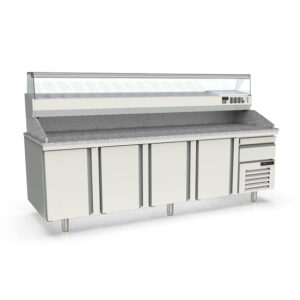 Vaiotec Topline Pizzatisch / 4-fach mit Türen, EN 60x40, Schublade, Granitplatte grau, inkl. Kühlaufsatz, GN 1/4, 2615 x 800 mm