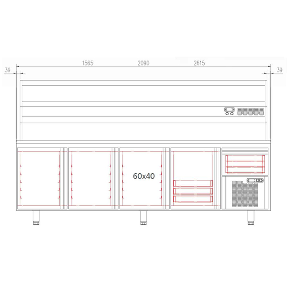 Vaiotec Topline Pizzatisch / 4-fach mit Türen, EN 60x40, Schublade, Granitplatte grau, inkl. Kühlaufsatz, GN 1/4, 2615 x 800 mm